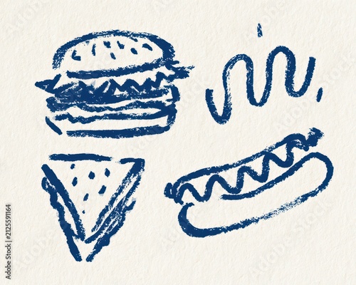 Handdrawn doodle set of fast food items including burger and hot dog