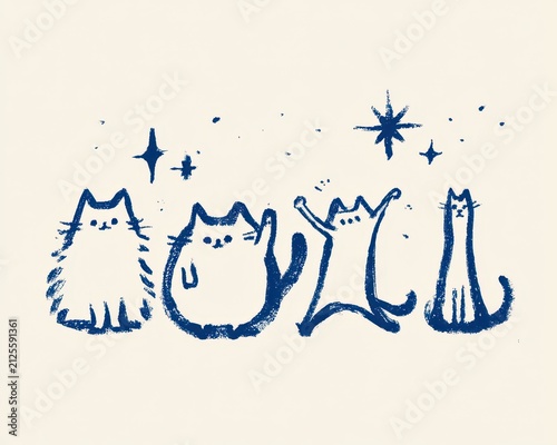 Set of cute handdrawn cat illustrations in various poses and styles, featuring a whimsical crayon sketch aesthetic with stars
