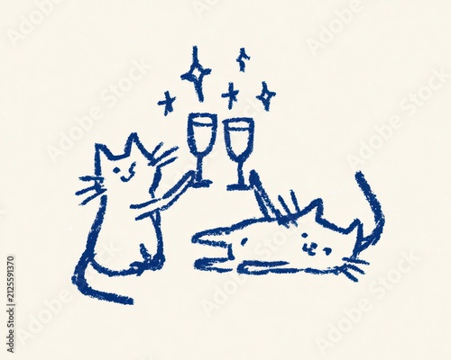 Cute handdrawn illustration of two cats toasting with wine glasses