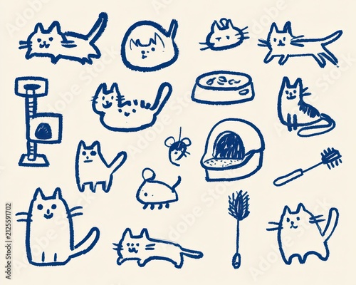 Set of handdrawn cat illustrations, cute feline characters and pet accessories