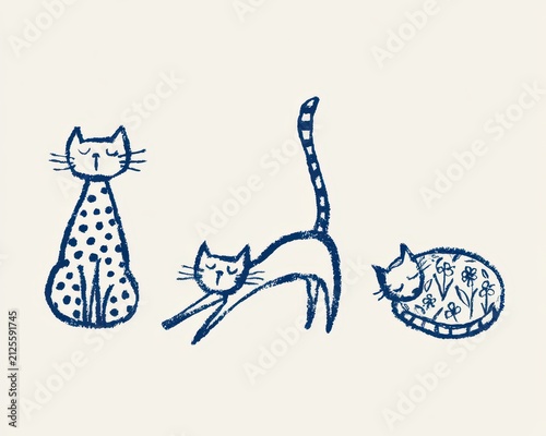 Set of cute cats in different poses, hand drawn sketch style illustration