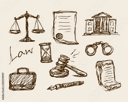 Set of handdrawn law and justice icons, including gavel, scales, courthouse, and briefcase, brown sketch style