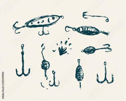 Collection of fishing lures and hooks
