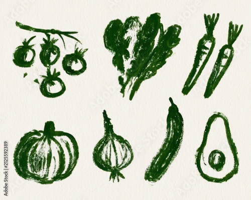 Set of handdrawn green vegetables, including tomatoes, leafy greens, carrots, pumpkin, onion, cucumber, and avocado