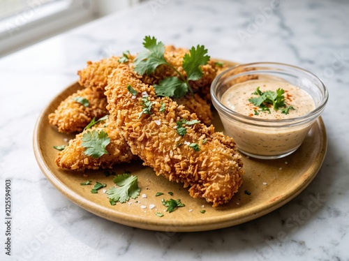 Crispy panko chicken tenders with dipping sauce on a plate for food presentation and culinary design