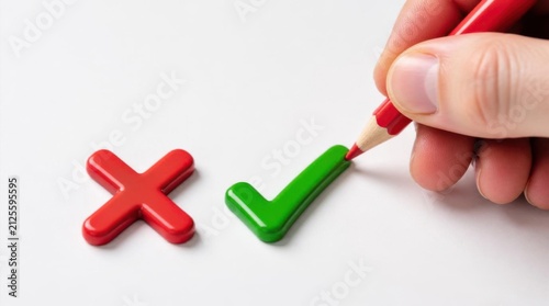 Person holding red pencil marking check symbol next to incorrect cross sign