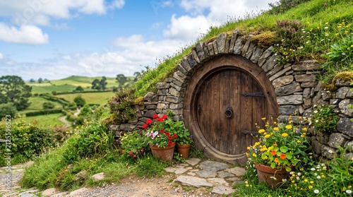 Cozy hobbit house entrance surrounded by flowers in green landscape  