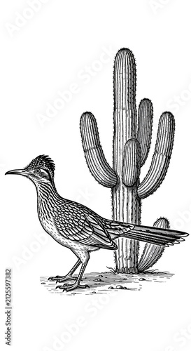 Vintage Roadrunner Bird Standing By Saguaro Cactus Isolated