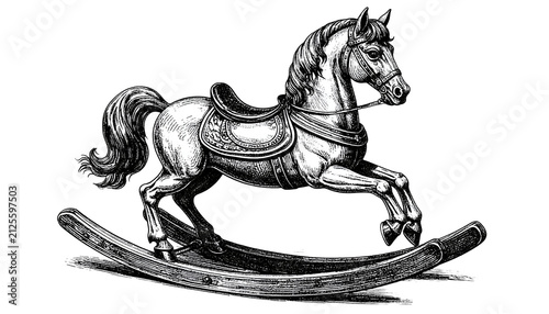 Vintage Rocking Horse Illustration Black White Isolated Toy
