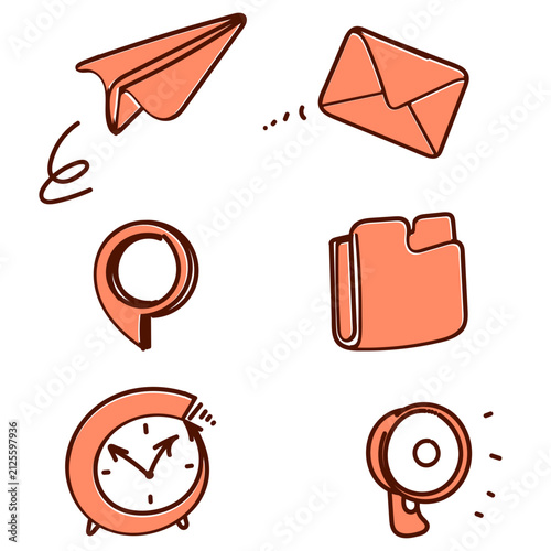 hand drawn doodle icons featuring communication and business concepts. Includes envelope, paper plane, megaphone, alarm clock, folder, and location pin