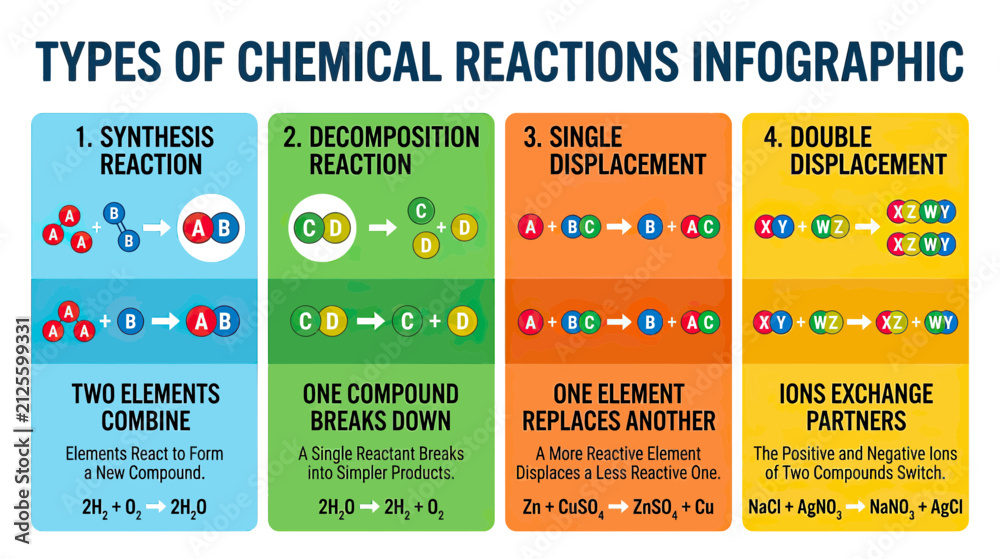 Fototapeta premium Types of Chemical Reactions Infographic Explained