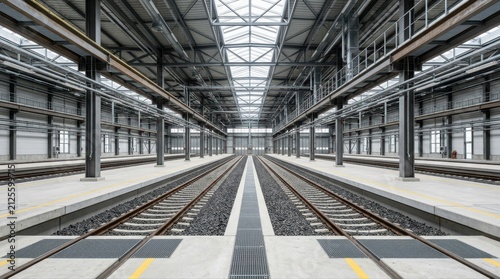 Industrial railway station interior with steel structure and rail tracks