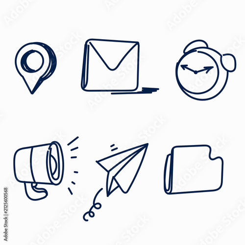 hand drawn doodle icons featuring communication and business concepts. Includes envelope, paper plane, megaphone, alarm clock, folder, and location pin