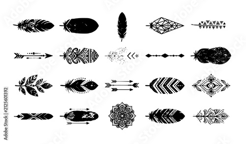 Fotografía Tribal feather vector set with black ethnic arrows mandala rosette and aztec orn