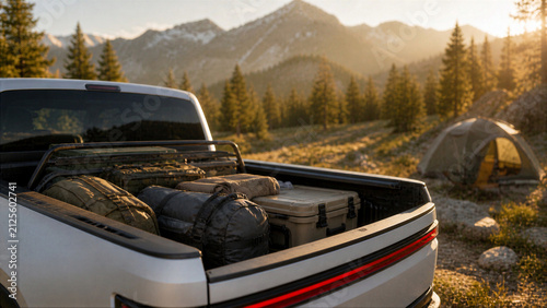 Loaded pickup truck bed with camping gear at mountain campsite