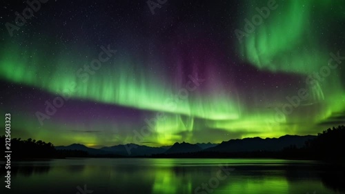 A spectacular natural scene featuring the aurora borealis (Northern Lights)—with green and purple hues—stretching magnificently across a starry night sky.