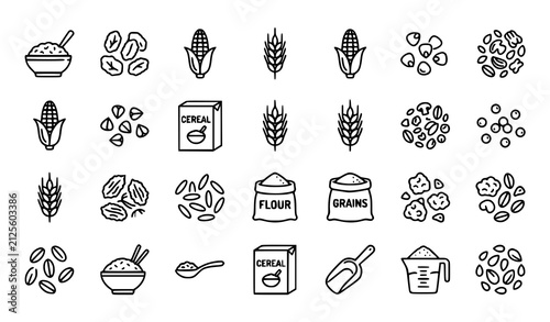 Cereals and Grains Thin Line Icon Set with Porridge Oatmeal Wheat Rice Corn Flour and Breakfast Food Vector Collection