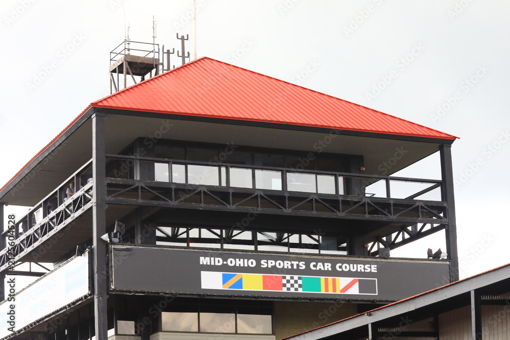 Fototapeta premium Main officials tower at Mid-Ohio Sports Car Course, Lexington, Ohio, USA. Built in 1962, Mid-Ohio Race Track is a road course racing track.