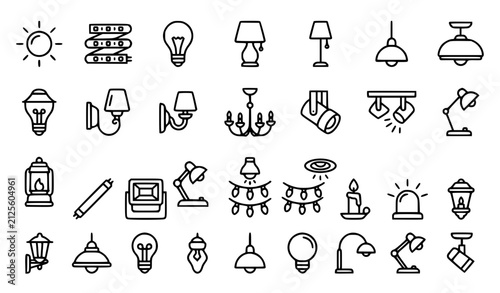 Bild auf Leinwand Lighting Outline Icon Set with Ambient Light LED Strip Floor Lamp and Modern Ill