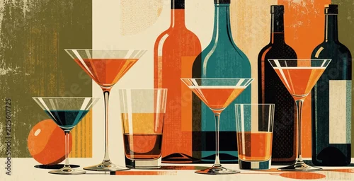 Panel kuchenny z motywem Midcentury modern art with cocktail glasses, alcohol bottles. Retro style still life illustration features geometric abstract shapes plus warm color palette. Elegant beverage display for bar menu