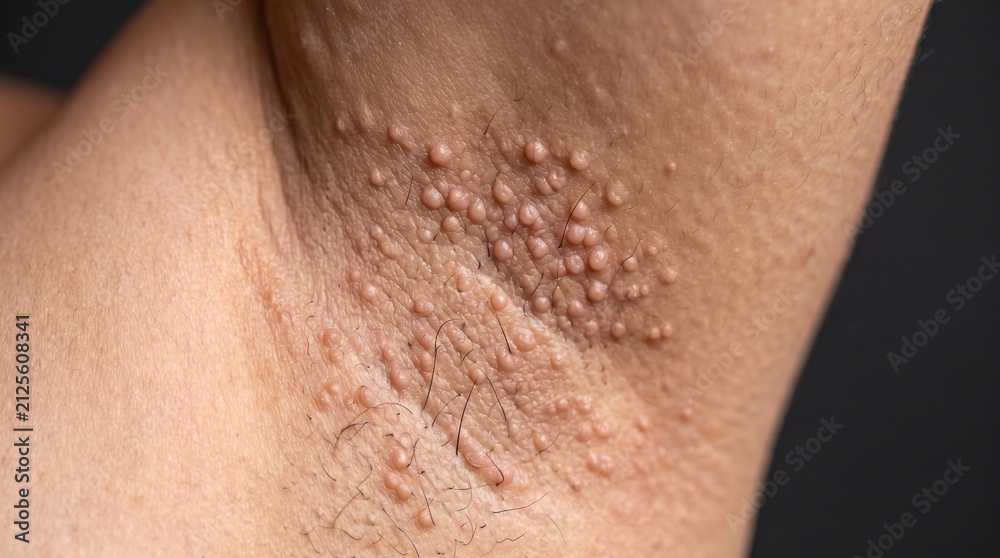 Fototapeta premium Macro shot of armpit axilla skin densely covered with small flesh colored papules of Fox Fordyce disease