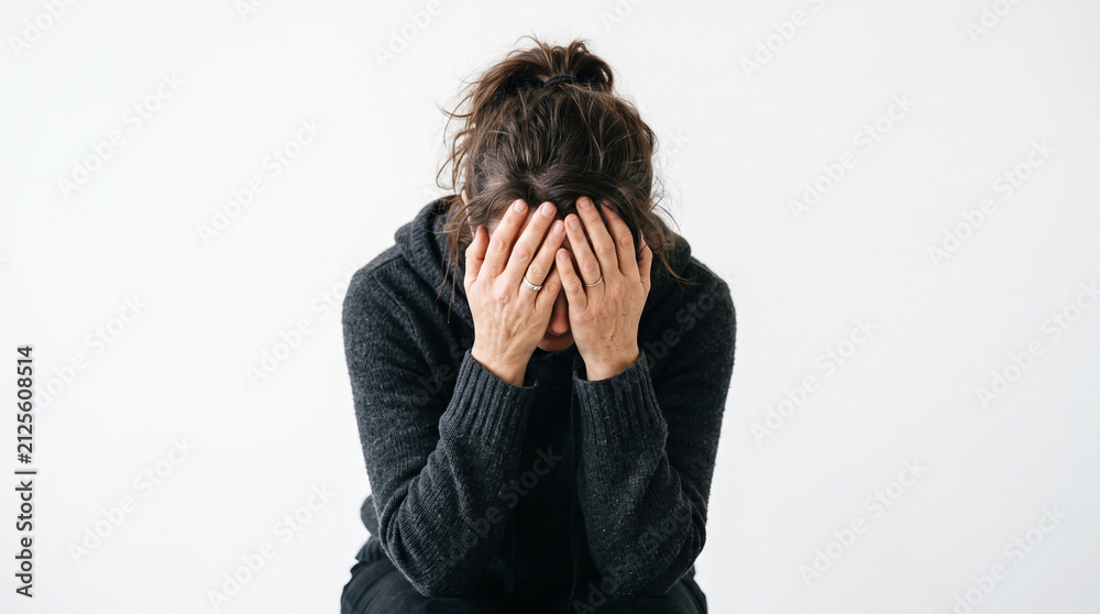 Fototapeta premium Person Sitting with Head Bowed and Hands Supporting Forehead Isolated on White Background.