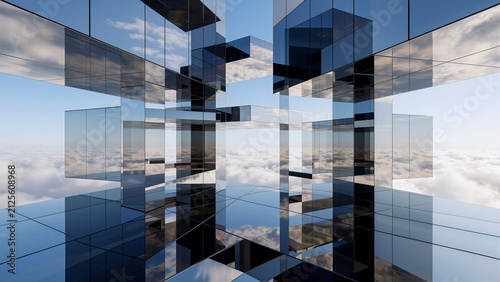 Abstract glass architecture floating above clouds