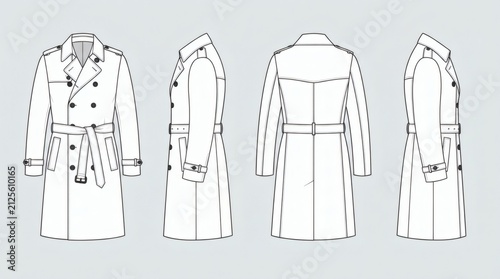 Flat Drawing Collection Men's Contemporary Trench Coat Front Back Side Views

