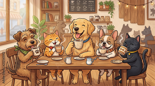dog and cat in a cafe