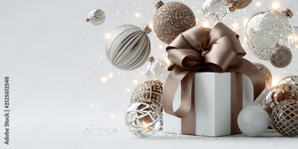 Obraz premium Elegant white gift box with large bronze ribbon surrounded by festive Christmas ornaments and golden sparkles.