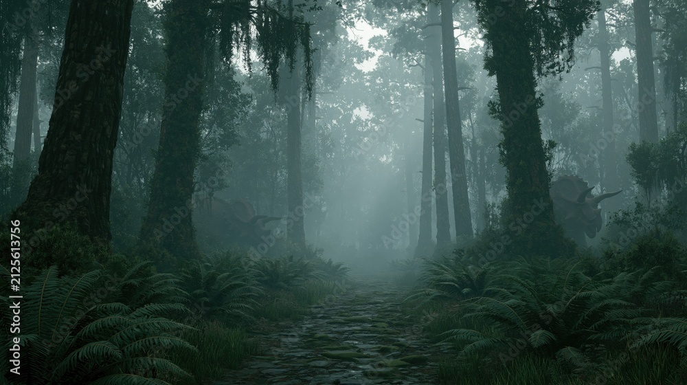 Obraz premium Mysterious Encounter in a Prehistoric Forest Landscape