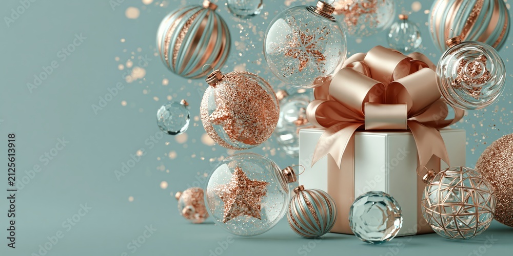 Obraz premium Festive white gift box with large rose gold ribbon bow surrounded by sparkling glass ornaments on teal background.