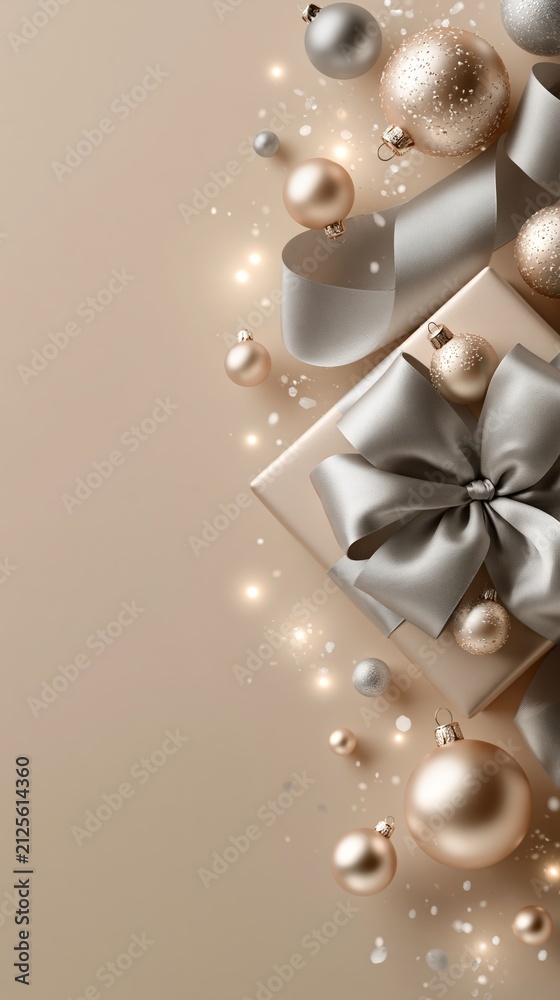 Obraz premium Elegant beige gift box with a large silver bow surrounded by floating gold and champagne Christmas ornaments.
