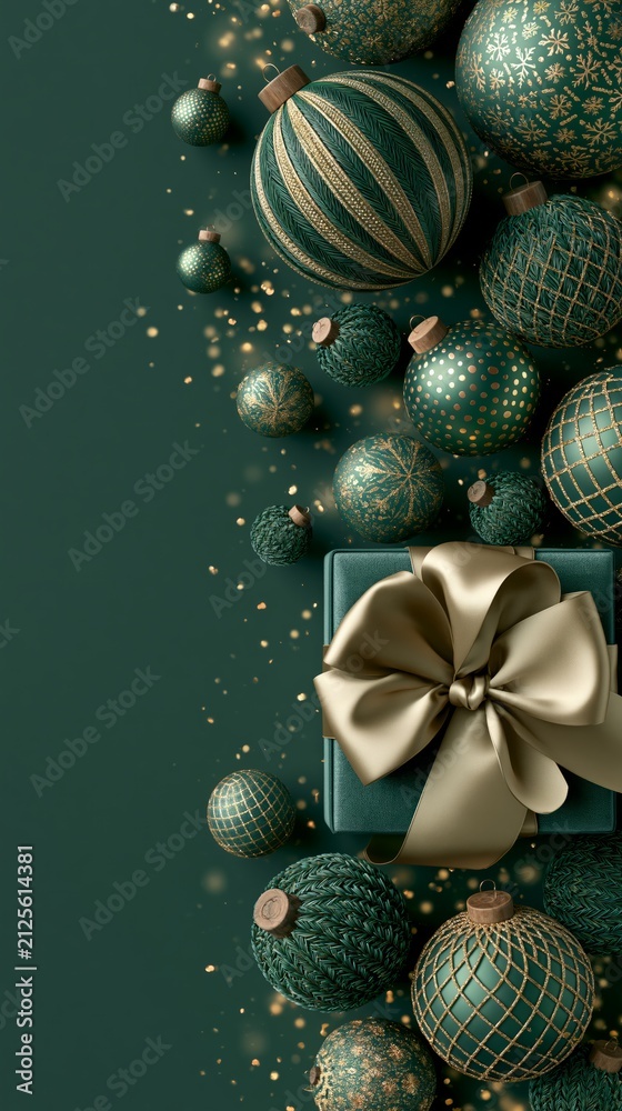 Obraz premium Elegant teal and gold Christmas ornaments arranged with a gift box on a dark green background.