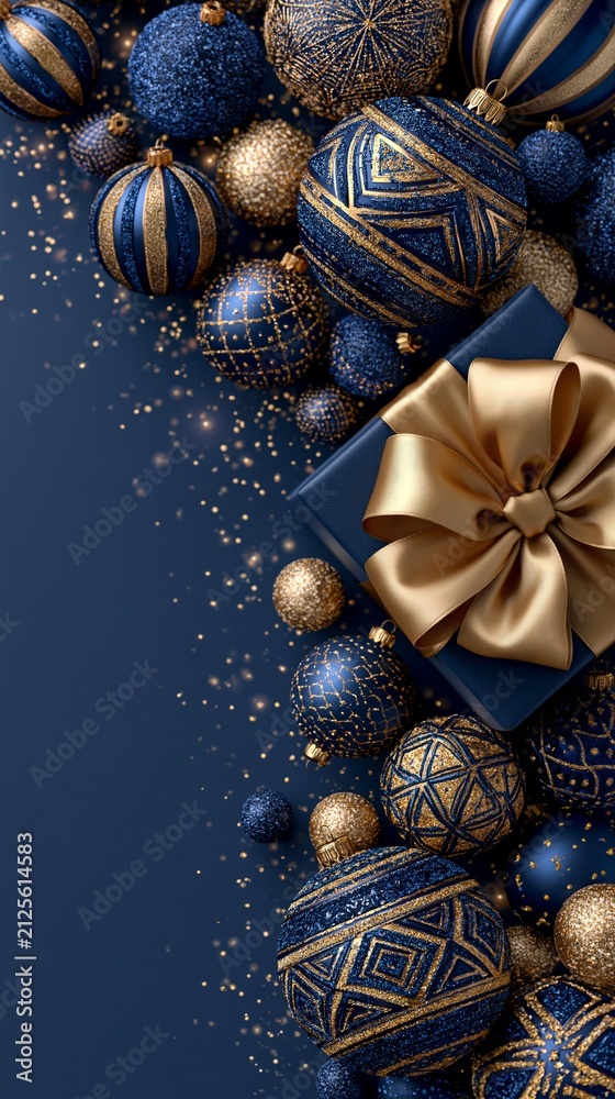 Obraz premium Luxurious blue and gold Christmas baubles surrounding a wrapped gift box with a large satin bow on a dark background.