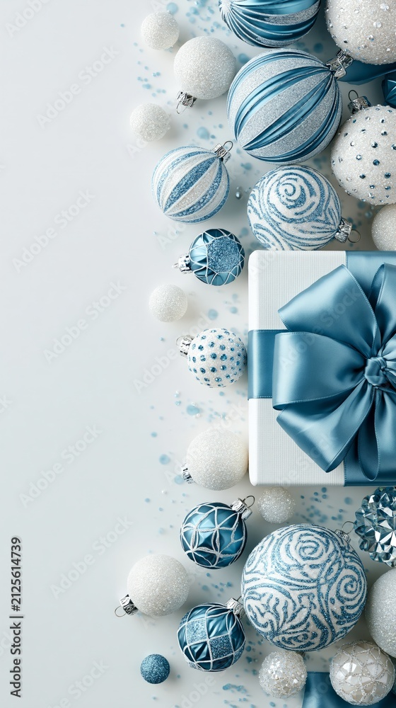 Obraz premium Vertical flat lay of blue and white Christmas ornaments and a gift box with a large blue bow.