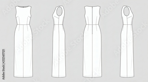 Flat Drawing Collection Women's Elegant Column Gown Front Back Side Views

