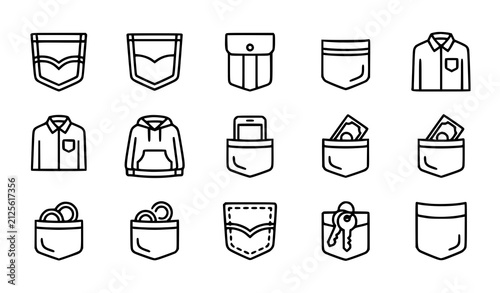 Foto Pocket Icon Set with Shirt Hoodie Phone Money Keys Coins Denim Outline Vector Ic