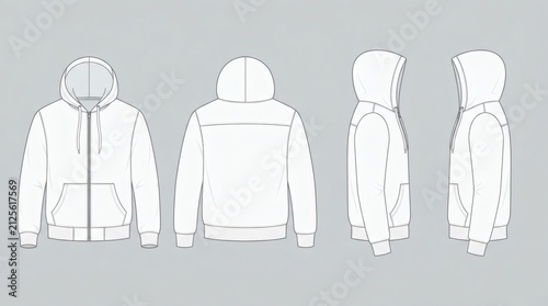 Flat Drawing Collection Men's Modern Hoodie Jacket Front Back Side Views

