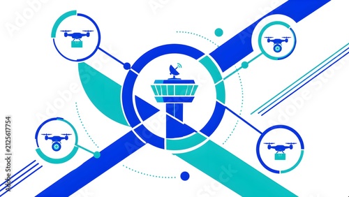 Smart Drone Traffic Control Tower Network with Autonomous UAV Delivery and Surveillance System Flat Vector Illustration for Airspace Management and Logistics Technology