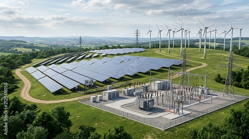 Renewable energy power plant featuring solar panel farm and wind turbines with electrical substation