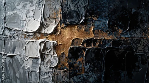 Panel kuchenny z motywem Thick oil paint texture with cracked surface detail. Gray white black blue colors mix with gold metallic shimmer. Abstract artwork creates rich dimensional effect. Useful for modern decor backgrounds.