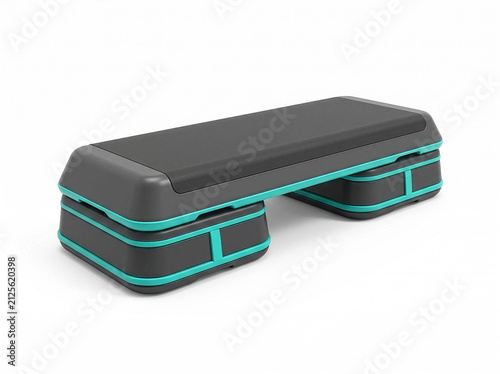 Konstfotografi Black and turquoise aerobic step platform with stackable risers and a textured non-slip surface, isolated on a clean white background with soft shadow and realistic 3D detail