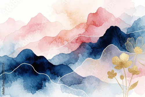 Panel kuchenny z motywem Abstract mountain landscape with watercolor texture. Pink, blue peaks blend softly with gold floral elements. Line art hills create modern aesthetic style. Artistic nature background for wall decor.