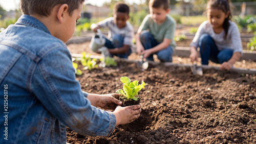 Children gather around a raised garden bed to plant small vegetable seedlings in the rich soil during an educational outdoor school workshop activity.