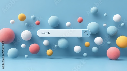Minimal abstract background for online shopping e-commerce concept. Search bar surrounded with floating elements on blue background. 3d vector illustration