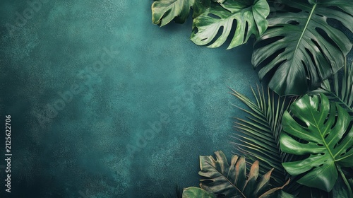 Lush green tropical leaves frame a teal backdrop