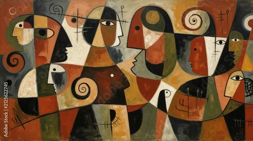 Panel kuchenny z motywem Abstract cubism oil painting with geometric human faces, heads. Artistic composition features multiple portraits in earth tones with stylized features, primitive cultural symbols. Modern aesthetic