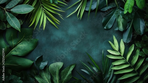 Lush green tropical leaves frame a dark background