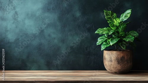 Lush green plant in rustic pot on wooden surface against a textured dark teal wall